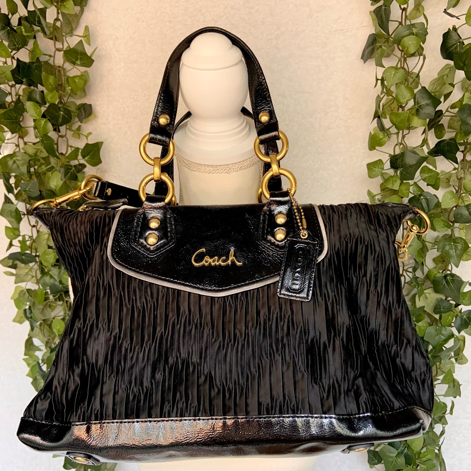 Coach Carry All Patent Leather Purse Black And Gold With Two Straps